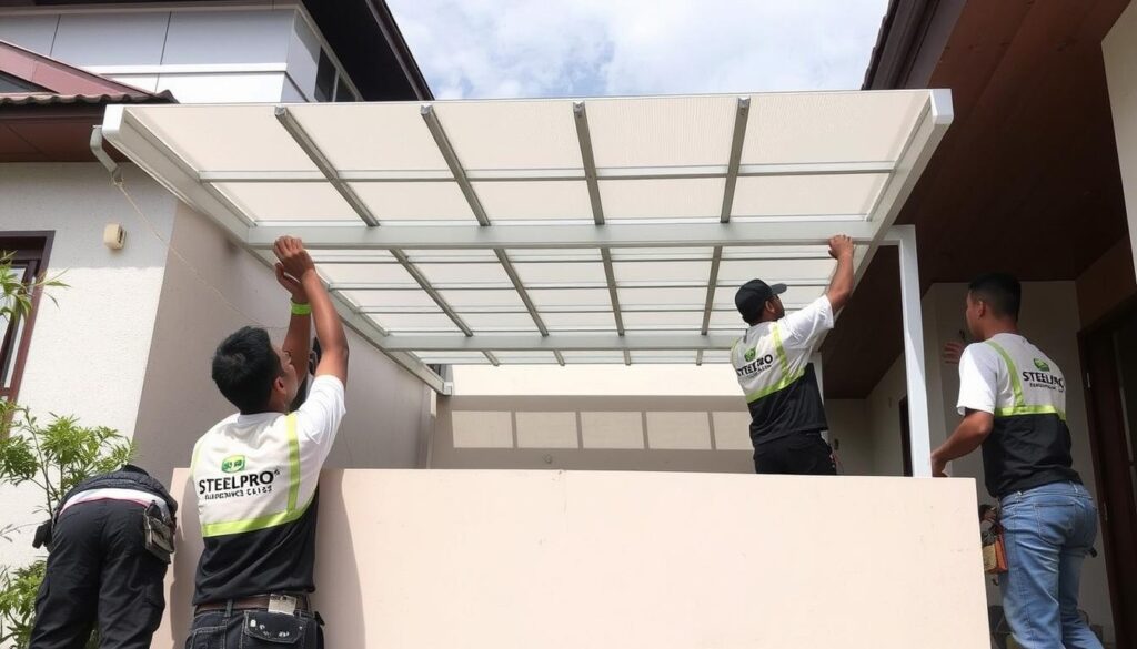 Tim STEELPRO sedang memasang kanopi baja ringan di rumah klien